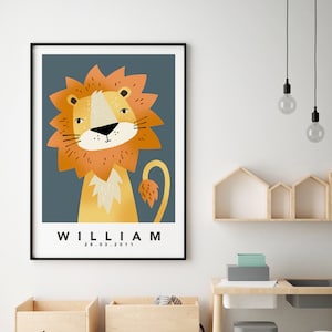 Lion Nursery Print, Children's Lion Print, Children's Wall Art, Personalised Kids Print, Animal Print, Kids Poster, Jungle Nursery, Bright