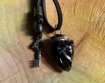 Wire Wrapped Obsidian Arrowhead, Pendant, Adjustable Necklace