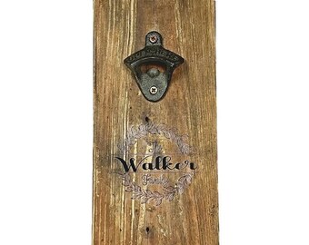 Barn wood Bottle Openers | Hidden Mag. Cap Catch | Custom laser engraved wall-mounted bottle opener with magnetic catch by Dusty Roads C3