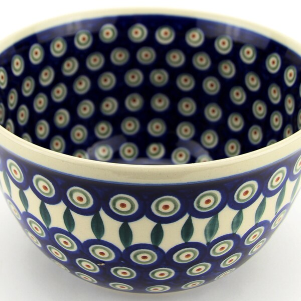 Bowl 8 Cups, Polish Pottery Mixing Bowl in Peacock Pattern