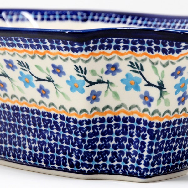 Fruit Bowl 10.75 Inch Long in Polish Pottery Blue Blossom Pattern from Zaklady Ceramiczne Boleslawiec