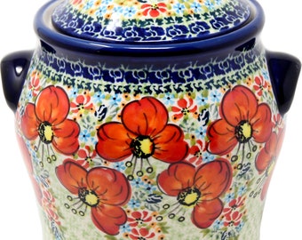 Polish Pottery Large Canister in Garden Meadow Pattern from Zaklady signed by Anna Bucko