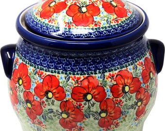 Extra Large 6 Quart Polish Pottery Cookie Jar / Canister from Zaklady Boleslawiec in Floral Butterfly Unikat Pattern