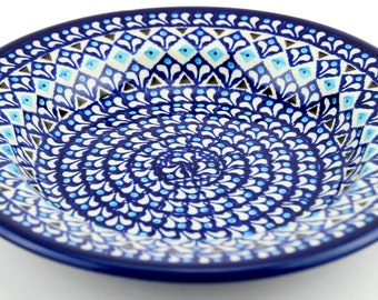 Polish Pottery Pasta Bowl 9.5 Inch Diameter from Zaklady Ceramiczne Boleslawiec in Blue Diamond Dream Pattern