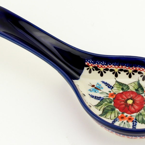 Spoon Rest, Polish Pottery from Zaklady Ceramiczne Boleslawiec in Floral Butterfly Unikat Signature Pattern, 12 Inch Long