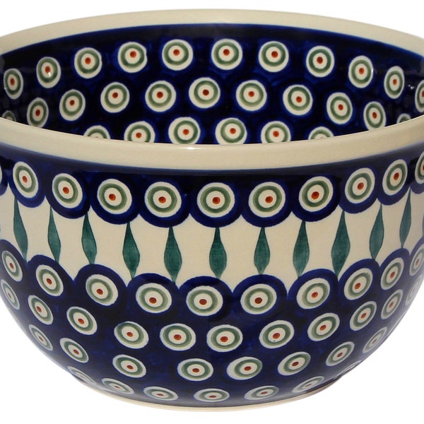 Bowl 8 Cups, Polish Pottery Mixing Bowl in Peacock Pattern