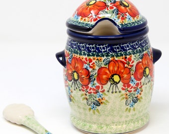 Honey Jar and Dipper 18 Oz., Polish Pottery from Zaklady in Unikat Signature Pattern