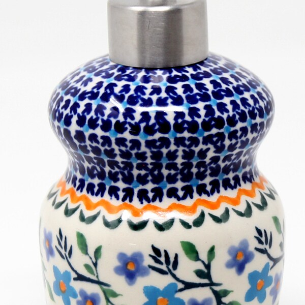 Polish Pottery Soap Dispenser in Blue Blossom Pattern from Zaklady Boleslawiec - Stainless Steel Pump