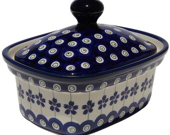 Polish Pottery Butter Tub by Zaklady Boleslawiec in Floral Peacock Pattern, Capacity 2 Cups