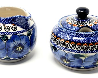 Polish Pottery Sugar Bowl and Creamer Set in Regal Bouquet Unikat Pattern painted by Anna Madziarz