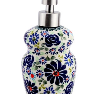 Polish Pottery 11 Oz. Soap Dispenser by Zaklady Ceramiczne Boleslawiec | Handcrafted Ceramic Bathroom Accessory - Stainless Steel Pump