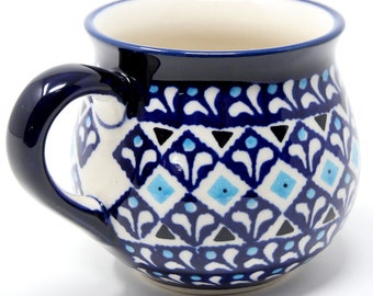 Polish Pottery Mug 8 Oz. from Zaklady in Blue Diamond Dream Pattern