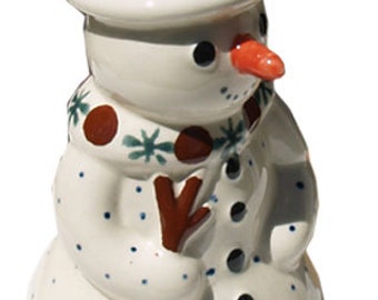 Snowman Statuette Candlestick Holder, Polish Pottery from Zaklady in Nature Pattern