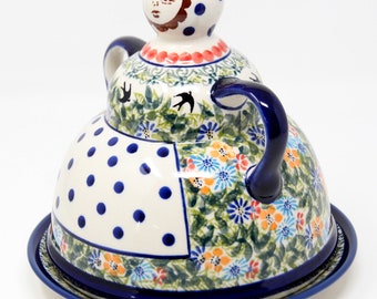 Polish Pottery Cheese Lady, 7" Diameter, 7.5" Height | Zaklady Boleslawiec Stoneware | Handcrafted Ceramic Cheese Dome