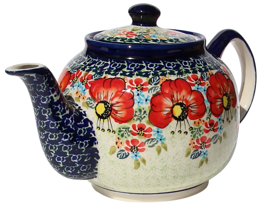 Polish Pottery Teapot 32 Oz. From Zaklady in Unikat Signature Pattern