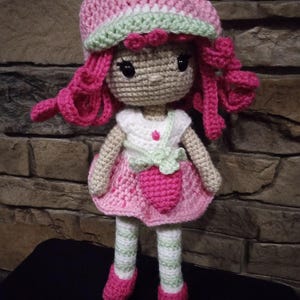 Strawberry girl, strawberry doll, doll with strawberry bag, crochet doll, stuffed baby doll