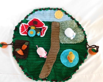 Made to order- Farmyard  Play mat, Toddler Toy, Crocheted Farm Animals, Barnyard, Baby Shower Gift, Infant Gift, handmade gift, Sensory play