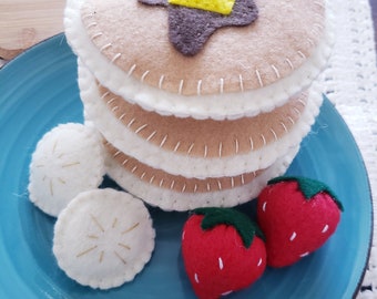 Felt pancakes with strawberries and banana toppings breakfast set play food kitchen toddler decor kids imaginary play felties dramatic play