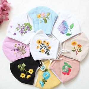 Hand Embroidered 3 Layer Linen Face Mask with Nose Wire Adjustable | Flower Floral Face Mask | Gift Idea for Her/Mom