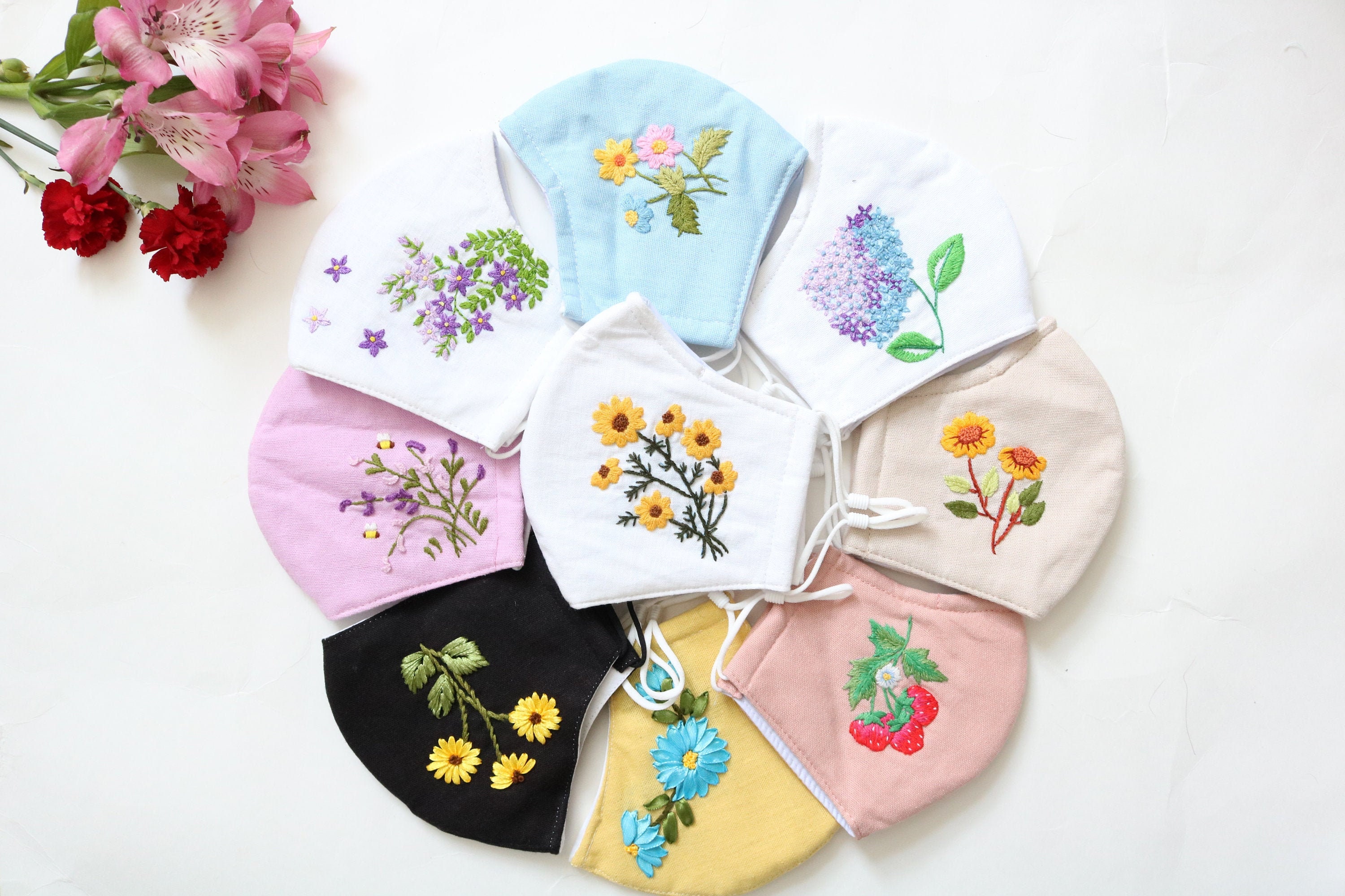 Embroidered Face Mask | Linen Face Mask with Floral Embroidery | Fall…
