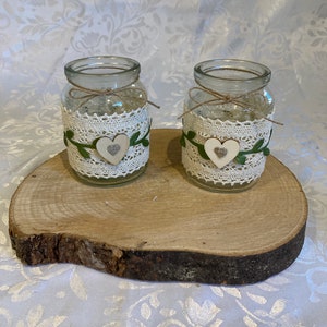 10 x sage green and Lace decorated  jars ideal for wedding centerpieces.