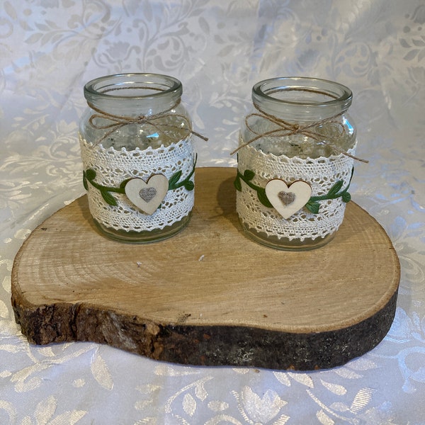10 x sage green and Lace decorated  jars ideal for wedding centerpieces.