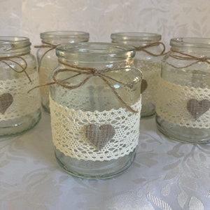 10 x Lace decorated jars for wedding centerpieces, rustic, pretty jars with rustic hearts