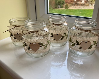 10 x Lace and sage green decorated jars for wedding centre pieces, rustic, pretty jars with rustic hearts