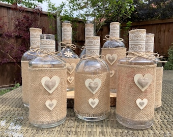 10 x Rustic gin and spirit bottles, decorated in a rustic theme, perfect for wedding centrepiece's