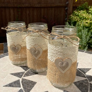 6 x Rustic Jars, perfect for Wedding Centerpieces or BBQ tables