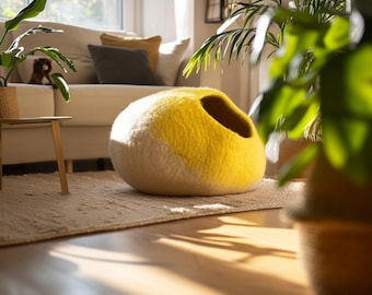 Handmade wool-felted cat cave, color: yellow-beige.