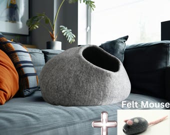Wool-felted cat cave for ultimate comfort and relaxation! Handmade, mousegray