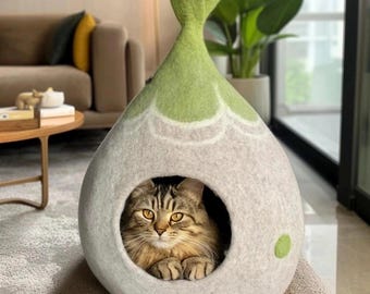 Handmade wool felted cat cave flower design