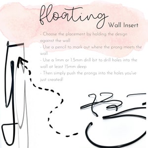 May include: Image of black metal wall inserts with instructions for installation. The text reads "floating wall insert" and provides steps for placement and drilling. The image includes a watercolor wash in the background.