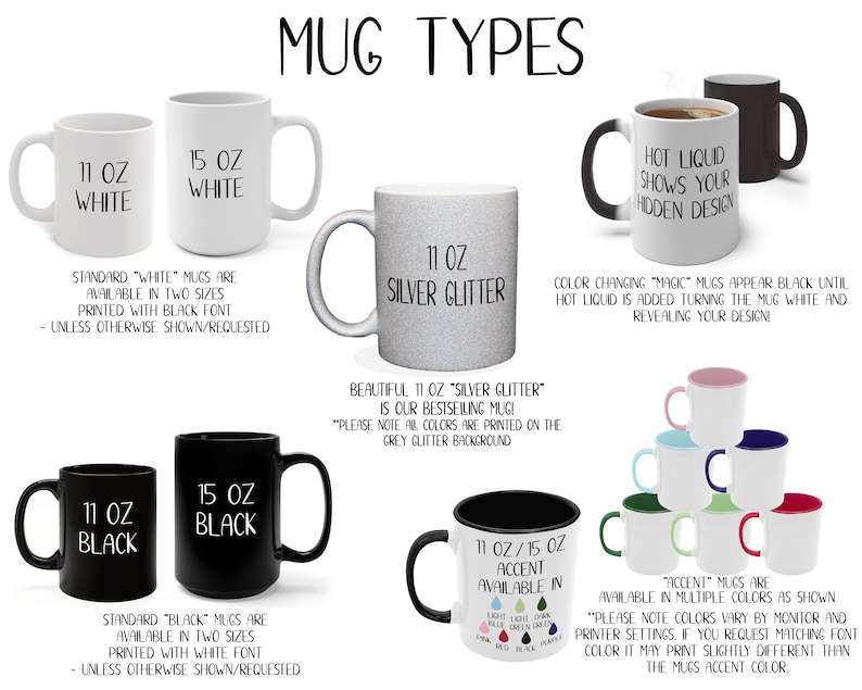 May include: Mug types available in 11 oz and 15 oz sizes. White, black, silver glitter, color changing, and accent mugs are shown.  The text "Hot Liquid Shows Your Hidden Design" is on a black mug.  The text "11 oz Silver Glitter" is on a silver glitter mug.  The text "11 oz/15 oz Accent Available In" is on a black mug with a rainbow of color swatches.