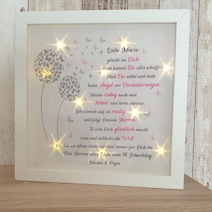 Picture frame illuminated gift idea 18th birthday occasion confirmation communion youth consecration confirmation personalized wall picture dandelion