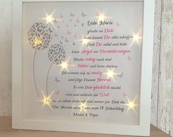 Illuminated picture frame gift idea for 18th birthday, occasion: confirmation, communion, youth dedication, personalized, friends, farewell, decoration