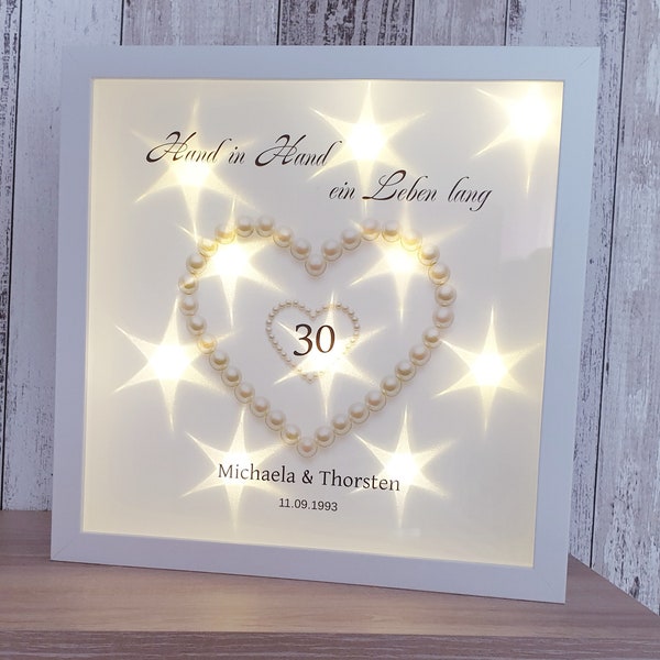 Perlenhochzeit 30 Jahre LED beleuchtet Bilderrahmen Anlass Geschenk Idee Brautpaar Perlen Geburtstag