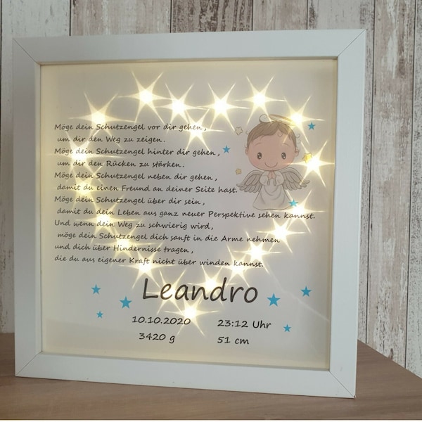 LED Bild beleuchtet Geburt Baby Taufe Schutzengel Geburtstag Geschenk Sterne Engel Kinderzimmer Nachtlicht