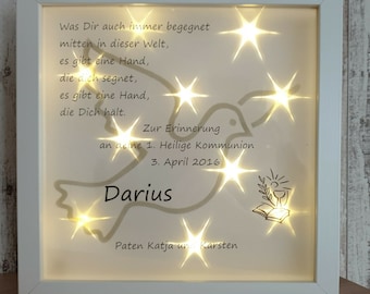 Konfirmation Kommunion LED Bild beleuchtet  Geschenk Idee Erinnerung Taube Sterne Spruch