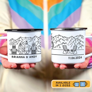Custom Ski Enamel Mug, Personalized Couples Skiing Gift, Apres Ski Resort Camp Cup, Winter Sports Gifts, Skiers Winter Holiday Keepsake