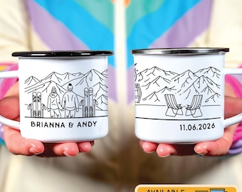 Custom Ski Enamel Mug, Personalized Couples Skiing Gift, Apres Ski Resort Camp Cup, Winter Sports Gifts, Skiers Winter Holiday Keepsake