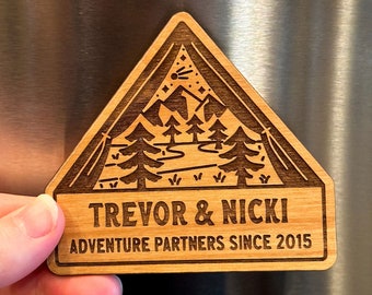 Tent Camping Personalized Wood Magnet, Custom Adventure Partners Couples Gift, National Park Happy Campers Laser Engraved Fridge Magnets