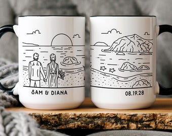 Custom Beach Wedding Gift, Personalized Wedding Couple Mug, Newlywed Bride & Groom Engagement Honeymoon Present, Ocean Anniversary Gifts