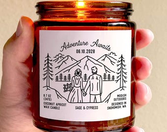 Personalized Candle Mountain Wedding Couple Adventure Awaits, Engagement, Anniversary, Housewarming Gift, Custom Candle for Newlywed Couples