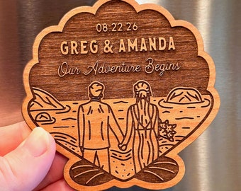 Beach Wedding Couple Wood Magnet, Personalized Eloped Engaged Anniversary Couples Gift, Ocean Coastal Home Decor Keepsake for Beach Lovers