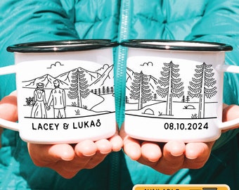 Personalized Wedding Gift, Mountain Wedding Couple Enamel Mug, Engagement Newlywed Anniversary Gifts for Bride & Groom, Eloped Camping Cup