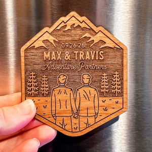Personalized Gay Wedding Wood Magnet, Custom LGBTQ Anniversary Engagement Elope Shower Favors, Mountain Outdoor Mr & Mr Engayged Couple Gift