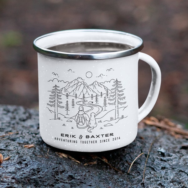 Dog Dad, Personalized Camp Mug, Hiking Man, Dog Dad Gift, Custom Coffee Mug, Outdoor Camping Mug, Mountain Hiking Mug Scene