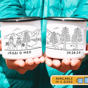 Regalo di nozze lesbico personalizzato, tazza LGBTQ romantica personalizzata per novelli sposi o coppia di anniversario, tazza ricordo retrò da campeggio per sposa queer